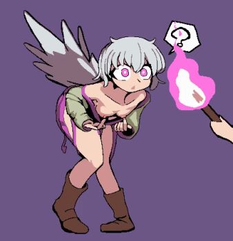 2girls ? animated boots bow breasts clownpiece dress feathered_wings fire grey_hair holding holding_torch hypnosis jacket kishin_sagume long_sleeves mind_control multiple_girls nipple_stimulation nipples open_clothes out_of_frame purple_background purple_dress purple_fire red_eyes short_hair single_wing speech_bubble tagme torch touhou video white_wings wings yado_taityou