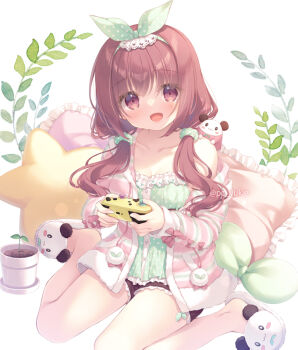 1girl :d bare_shoulders black_shorts breasts brown_eyes brown_hair camisole collarbone commentary_request controller frilled_camisole frilled_pillow frilled_shorts frills game_controller green_camisole green_ribbon hair_over_shoulder hair_ribbon holding jacket long_hair looking_at_viewer low_twintails off_shoulder open_clothes open_jacket open_mouth original pillow polka_dot_camisole ribbon short_shorts shorts sitting slippers small_breasts smile solo star-shaped_pillow strap_slip striped_clothes striped_jacket twintails wariza white_background white_slippers yukie_(peach_candy)