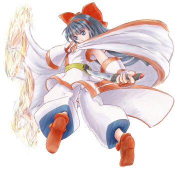 1girl ainu_clothes ass black_hair blue_eyes breasts cloak fingerless_gloves from_behind gloves hair_ribbon highres legs long_hair nakoruru pants ribbon samurai_spirits small_breasts smile snk solo the_king_of_fighters thighs traditional_media weapon
