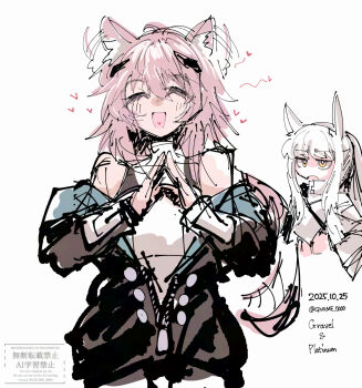 2girls animal_ear_fluff animal_ears arknights armor blush breastplate closed_eyes commentary_request cropped_torso dated gnome_(gnome_0000) gravel_(arknights) hair_between_eyes heart highres horse_ears horse_girl jacket long_hair looking_at_another motion_lines mouse_ears mouse_girl multiple_girls open_mouth pink_hair platinum_(arknights) simple_background sketch twitter_username white_background white_hair white_jacket yellow_eyes