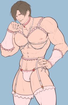 Rule 34 | 1boy, abs, absurdres, bulge, clothing request, cowboy shot, hand on own hip, hand up, highres, lace trim, leon s. kennedy, male focus, muscular, muscular male, pectorals, resident evil, resident evil requiem, revealing clothes, soal3ss, solo, thighhighs, white thighhighs, zettai ryouiki