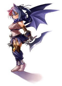 1girl animal_ears bat_ears bat_girl bat_wings black_bow blue_hair blue_scarf blue_skirt blue_thighhighs blue_wings bow breasts delucky_alma emil_chronicle_online fishnet_thighhighs fishnets from_side garter_straps grey_leotard hair_bow highres holding holding_weapon kasuga_yukihito large_breasts leotard mask mask_on_head scarf showgirl_skirt skirt solo tabi thighhighs two_side_up weapon white_background wings yellow_eyes