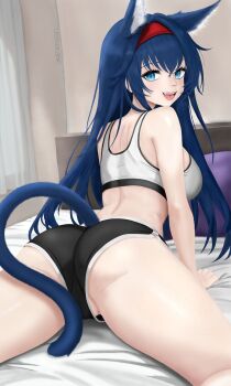 1girl absurdres animal_ear_fluff animal_ears arknights artist_name ass bed bedroom black_shorts blaze_(arknights) blue_eyes blue_hair breasts cat_ears cat_girl cat_tail commentary crop_top dolphin_shorts english_commentary hairband highres invisibless long_hair looking_at_viewer on_bed open_mouth parted_lips pillow pussy pussy_peek red_hairband shorts sideboob sidelocks smile solo sports_bra tail teeth thighs upper_teeth_only white_sports_bra