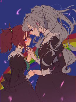 Rule 34 | 2girls, aoi nagisa, black dress, blue background, blush, brown eyes, brown hair, commentary, dress, english commentary, green eyes, grey hair, hair bobbles, hair ornament, hanazono shizuma, highres, holding hands, juliet sleeves, long sleeves, multiple girls, nanazudina, ponytail, puffy sleeves, rainbow, school uniform, strawberry panic!, yuri