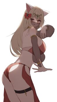 1girl :p absurdres animal_ears ass bare_shoulders bikini blonde_hair blue_eyes breasts cat_ears closed_mouth commission cowboy_shot dancer detached_sleeves from_side gadeung_hye gold_choker gold_trim highres large_breasts long_hair long_sleeves looking_at_viewer looking_to_the_side mouth_veil original red_bikini sarong see-through_clothes see-through_sleeves simple_background smile solo swimsuit thigh_strap thighs tongue tongue_out veil white_background