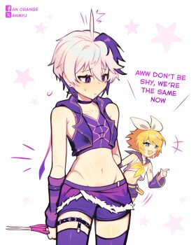 +++ 2girls ahoge androgynous anmyu arm_behind_back arm_warmers blonde_hair blue_eyes cowboy_shot crop_top english_text expressive_hair facebook_username fang female_pubic_hair flower_(vocaloid) flower_(vocaloid4) frown fur-trimmed_skirt fur_trim groin highres holding holding_scissors index_finger_raised kagamine_rin legwear_garter light_blush looking_down microskirt midriff multicolored_hair multiple_girls navel neckerchief open_mouth pubic_hair purple_arm_warmers purple_eyes purple_shorts purple_streaks purple_thighhighs purple_vest sailor_collar scissors shirt short_hair short_shorts shorts shorts_under_skirt shoulder_tattoo single_arm_warmer single_legwear_garter skirt smile standing star_(symbol) star_symbol_background sweat tattoo thighhighs twitter_cutting_game twitter_username upright_ahoge variant_set vest vocaloid white_background white_hair white_shirt yellow_neckerchief zettai_ryouiki