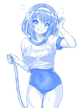 Rule 34 | 1girl, absurdres, blue theme, commentary request, covered navel, cowboy shot, grin, gym shirt, hairband, haruhisky, highres, hose, monochrome, name connection, old school swimsuit, school swimsuit, see-through clothes, see-through shirt, shirt, short hair, smile, solo, suzumiya haruhi, suzumiya haruhi no yuuutsu, swimsuit, swimsuit under clothes, t-shirt, thigh gap, tied shirt, wet, wet clothes, wet shirt
