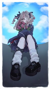 1girl black_shoes blazer blue_jacket blue_necktie blue_ribbon blue_sailor_collar blue_skirt blush border cloud collared_shirt colored_inner_hair commentary_request demon_wings drill_hair eyepatch fangs flower from_below full_body grey_hair hair_intakes hair_ribbon highres holding holding_flower jacket leg_ribbon leg_tattoo long_hair long_sleeves looking_at_viewer looking_down loose_socks low_wings makaino_ririmu medical_eyepatch minao_omina miniskirt monitoring_(vocaloid) multicolored_hair necktie nijisanji official_alternate_costume official_alternate_hairstyle open_mouth pink_flower pink_hair pink_streaks pink_tulip platform_shoes pleated_skirt pointy_ears red_eyes red_wings ribbon sailor_collar school_uniform shirt shoes sidelocks single_wing sitting skin_fangs skirt sky sleeves_past_fingers sleeves_past_wrists socks solo streaked_hair tattoo tulip twitter_username two-tone_hair two_side_up virtual_youtuber white_border white_shirt white_socks wind wings