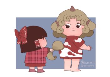 2girls :&lt; aged_down black_eyes black_hair blue_background blunt_bangs bow closed_mouth commentary_request cone_horns curly_hair dated expressionless frilled_hair_tubes frills full_body grey_horns hair_bow hair_tubes hakurei_reimu horns kariyushi_shirt komano_aunn looking_at_another looking_back multiple_girls onikobe_rin plaid_clothes plaid_shirt red_bow red_shirt red_skirt shirt short_hair shorts single_horn skirt tail_pull touhou two-tone_background white_shorts |_|
