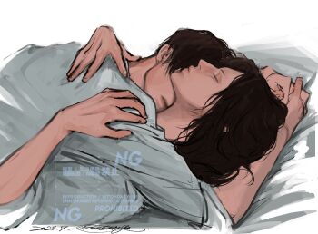 1boy 1other arm_around_back arms_around_neck bed_sheet black_hair closed_eyes closed_mouth couple dated face_in_neck hange_zoe highres levi_(shingeki_no_kyojin) medium_hair popsweetyio shingeki_no_kyojin shirt short_hair signature white_background white_shirt