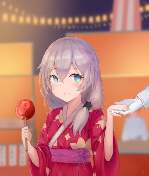 Rule 34 | 1boy, 1girl, absurdres, blue eyes, blurry, blurry background, candy apple, captain (honkai impact), commentary, food, gloves, highres, holding, holding food, holding hands, honkai (series), honkai impact 3rd, jacket, japanese clothes, kimono, long hair, long sleeves, lrichle, night, obi, outdoors, red kimono, sash, side ponytail, solo focus, tareme, theresa apocalypse, white gloves, white jacket
