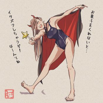 1girl ^_^ artist_logo barefoot black_one-piece_swimsuit breasts cloak closed_eyes collarbone commentary competition_school_swimsuit demon_horns full_body halloween_costume highres holding holding_wand horns logo long_hair oicchikun one-piece_swimsuit open_mouth original school_swimsuit smile solo standing swimsuit translation_request wand