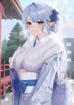 1girl absurdres alternate_costume alternate_hairstyle blue_archive blue_flower blue_hair blue_wings blush commentary feathered_wings floral_print floral_print_kimono flower fur-trimmed_kimono fur_trim gloves green_eyes grin hair_bun hair_flower hair_ornament hand_on_own_chest highres japanese_clothes kimono looking_at_viewer low_wings mine_(blue_archive) obi outdoors pointy_ears print_kimono sash seele0907 smile solo white_gloves white_sash wide_sleeves wings