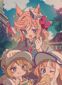 3girls :d akikawa_yayoi_(umamusume) animal_ears baguette blonde_hair blue_eyes blue_ribbon bow braid bread brown_hair building closed_mouth cloud commentary_request day dixie_cup_hat ears_through_headwear eating fang food french_flag gloves hand_on_another&#039;s_head hat hat_ribbon holding holding_food honkawa_works horse_ears horse_girl jacket long_hair military_hat multicolored_hair multiple_girls one_eye_closed open_mouth orange_hair outdoors red_bow ribbon satake_mei short_hair skin_fang smile two-tone_hair umamusume venus_paques_(umamusume) white_gloves white_hair white_hat white_jacket yellow_eyes