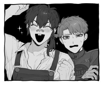 Rule 34 | 2boys, annoyed, arm up, bags under eyes, bandaid, bandaid on face, bandaid on nose, border, buck teeth, cars (movie), closed eyes, commentary request, fang, greyscale, hair ribbon, highres, lightning mcqueen, male focus, monochrome, multiple boys, neg 50asu, open mouth, overalls, personification, ribbon, short hair, skin fang, sparkle, teeth, tow mater, white border