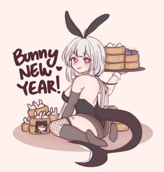 1girl ahoge animal_ears artist_self-insert ass bamboo_steamer steamed_bun bare_shoulders black_hair black_hairband black_leotard breasts brown_background cetacean_tail chinese_zodiac chonkyorca colored_shadow commentary fake_animal_ears fins fish_tail fishnet_thighhighs fishnets food full_body grey_socks hairband hand_up highres holding holding_tray hololive hololive_english leotard long_hair looking_at_viewer looking_back low_twintails medium_breasts multicolored_hair no_shoes orca_(chonkyorca) original rabbit_ears shadow simple_background sitting socks soles solo strapless strapless_leotard streaked_hair symbol-only_commentary tail takodachi_(ninomae_ina'nis) thighhighs tray twintails very_long_hair virtual_youtuber wariza wrist_cuffs year_of_the_rabbit