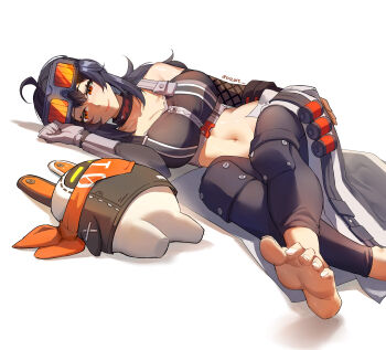 1girl absurdres ahoge asymmetrical_gloves bandana bangboo_(zenless_zone_zero) bare_shoulders barefoot black_choker black_hair black_pants black_sports_bra breasts choker cleavage closed_mouth commentary crop_top enzore explosive fingerless_gloves fishnet_gloves fishnets gloves goggles goggles_on_head grace_howard grenade highres large_breasts long_hair low-tied_long_hair lying mismatched_gloves navel on_side orange_bandana orange_eyes pants single_fingerless_glove smile sports_bra stomach toes twitter_username waist_cape white_background zenless_zone_zero zipper_top