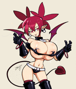 1girl abs alternate_breast_size_(larger) areola_slip artist_name bandeau bare_shoulders belt blush boots breasts bursting_breasts choker clothes_pull demon_girl disgaea earrings etna_(disgaea) female_focus gloves heart highres huge_breasts jewelry muscular navel panties pointy_ears pulling_own_clothes red_eyes red_hair short_twintails sidelocks simple_background skull smile solo tail tongue tongue_out twintails underwear wings zedrin
