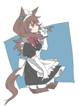 Rule 34 | 1girl, alternate costume, animal ears, apron, beer hsk, blue background, bow, brown hair, brown pantyhose, commentary request, cropped legs, dress, elbow gloves, enmaided, frilled apron, frilled dress, frills, from side, gloves, hair between eyes, hand up, horse ears, horse girl, horse tail, long hair, maid, maid apron, maid headdress, nakayama festa (umamusume), pantyhose, puffy short sleeves, puffy sleeves, red bow, red eyes, short sleeves, solo, tail, two-tone background, umamusume, white apron, white background, white gloves