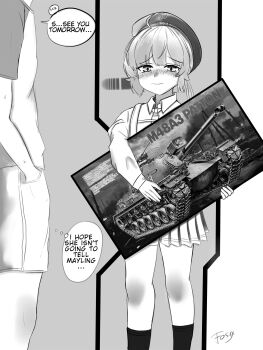 Rule 34 | absurdres, artist name, beret, blush, cheyanne (girls' frontline 2), commander (girls' frontline), crying, crying with eyes open, english text, fos1x, girls' frontline, girls' frontline 2: exilium, hands in pockets, hat, highres, m200 (girls' frontline), m48 patton, model kit, scene reference, shorts, speech bubble, tears, toy tank