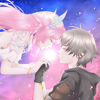 1girl absurdres caelus_(honkai:_star_rail) closed_eyes closed_mouth commentary_request cyrene_(demiurge)_(honkai:_star_rail) cyrene_(honkai:_star_rail) dress gloves grey_hair highres holding holding_hands honkai:_star_rail honkai_(series) jacket long_hair multicolored_hair pink_hair pointy_ears simple_background smile star_(sky) starry_sky_background touching_forehead trailblazer_(honkai:_star_rail) tumugu7k