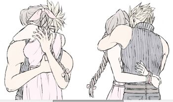 1boy 1girl aerith_gainsborough arms_around_neck arms_around_waist art_program_in_frame bangle bare_shoulders belt blonde_hair blue_shirt bracelet braid braided_ponytail breasts brown_hair closed_eyes cloud_strife commentary dress english_commentary final_fantasy final_fantasy_vii final_fantasy_vii_rebirth final_fantasy_vii_remake hair_between_eyes hair_ribbon hug jewelry lida_(lidalida04) long_hair medium_breasts multiple_belts pink_dress pink_ribbon ribbed_shirt ribbon sharp_teeth shirt short_hair single_braid sleeveless sleeveless_dress sleeveless_turtleneck teeth turtleneck upper_body white_background