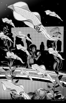 1girl aquarium aremoyou arm_at_side artist_name breast_pocket closed_mouth commentary_request dated expressionless flock greyscale hand_up highres holding holding_phone light_particles looking_at_animal looking_to_the_side monochrome neck_ribbon original people phone pocket ribbon school_uniform seaweed serafuku short_sleeves silhouette solo_focus squid wide_shot