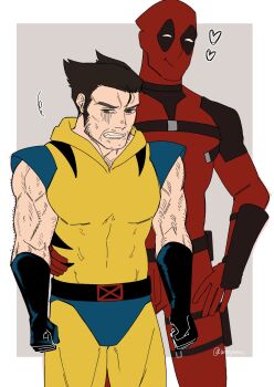 2boys arm_hair blue_gloves bodysuit clenched_hands clenched_teeth deadpool deadpool_(series) facial_hair gloves hand_on_another's_waist heart height_difference highres male_focus marvel multiple_boys muscular muscular_male pectorals red_bodysuit red_mask short_hair smile spandex standing superhero_costume sweatdrop teeth wolverine_(x-men) wonpese x-men yaoi yellow_bodysuit