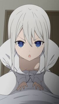 1girl absurdres bed_sheet blue_eyes breasts cleavage commentary coro_fae downblouse extended_downblouse frown good_morning_my_brother_(meme) grey_hair grey_pajamas hair_between_eyes hands_on_another's_stomach hanging_breasts highres indoors kaguya-sama_wa_kokurasetai_~tensai-tachi_no_renai_zunousen~ leaning_forward long_hair long_sleeves looking_at_viewer meme no_bra on_bed open_mouth pajamas pants parody pov scene_reference shirogane_kei shirt small_breasts solo staring straddling teeth tokidoki_bosotto_roshia-go_de_dereru_tonari_no_alya-san tsurime twitter_username upper_teeth_only v-shaped_eyebrows white_pants white_shirt