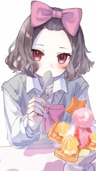 Rule 34 | 1girl, bangs pinned back, blue nails, blush, bow, collared shirt, commentary, dress shirt, ebizuka tomo, fingernails, food, girls band cry, grey hair, grey sweater vest, hair bow, highres, holding, holding spoon, ice cream, jewelry, long fingernails, looking at viewer, nail polish, necklace, ono o aki, pink bow, pink nails, red eyes, red nails, school uniform, shirt, short hair, simple background, solo, spoon, sweater vest, white background, white shirt