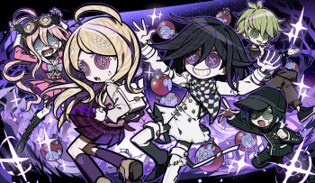 Rule 34 | 2girls, 3boys, ahoge, akamatsu kaede, amami rantaro, arm belt, arms up, black hair, blonde hair, button eyes, buttons, checkered clothes, checkered scarf, collared jacket, danganronpa (series), danganronpa v3: killing harmony, explosive, eyelashes, flipped hair, fortissimo, green hair, grenade, grin, hair between eyes, hair ornament, highres, identity v, iruma miu, jacket, long hair, long sleeves, looking at viewer, medium hair, multicolored buttons, multiple boys, multiple girls, musical note, musical note hair ornament, musical note print, official art, oma kokichi, open mouth, pants, pink sweater vest, pinstripe jacket, pinstripe pattern, pleated skirt, purple hair, purple theme, saihara shuichi, sameyama jiro, scarf, second-party source, shirt, short hair, skirt, smile, sparkle, sweat, sweater vest, teeth, two-tone scarf, white bag