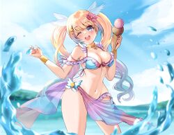 Rule 34 | 1girl, ;d, absurdres, bikini, blonde hair, blue bikini, blue eyes, blue hair, blush, breasts, cleavage, contrapposto, curvy, flower, food, frilled bikini, frilled bikini top, frills, gradient hair, groin, hair flower, hair ornament, head wings, highleg, highleg bikini, highres, holding, holding ice cream cone, ice cream, ice cream cone, indie virtual youtuber, jewelry, looking at viewer, medium breasts, mia mikhail, mia mikhail (vtuber), multi-strapped bikini top, multicolored hair, narrow waist, navel, neck ring, ocean, one eye closed, open mouth, purple sarong, sarong, see-through sarong, self-portrait, sidelocks, smile, solo, stomach, swimsuit, teeth, thick thighs, thighs, twintails, upper teeth only, virtual youtuber, wide hips, wings, wristlet