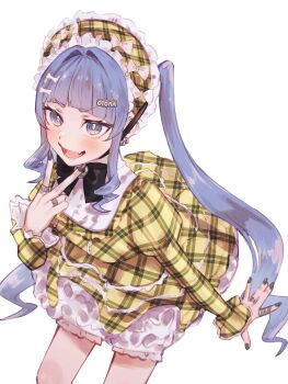 1girl absurdres black_bow black_nails blunt_bangs bone_hair_ornament bow cowboy_shot dress fang frilled_dress frills grey_eyes grey_hair hair_intakes hair_ornament hashtag-only_commentary headdress highres jewelry juliet_sleeves leaning_forward long_sleeves multiple_rings open_mouth plaid_clothes plaid_dress puffy_shorts puffy_sleeves ring shorts simple_background solo tsubu_(kappunioyu562) twintails v v-shaped_eyebrows virtual_youtuber vspo! white_background yano_kuromu yano_kuromu_(3rd_costume)