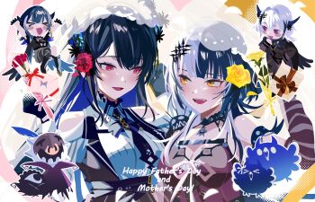 Rule 34 | > <, 3girls, absurdres, arm strap, asymmetrical horns, belt, black belt, black choker, black dress, black flower, black gloves, black hair, black horns, black jacket, black suit, blue hair, blush stickers, box, breasts, bridal veil, chest belt, chibi, chibi inset, choker, closed eyes, clothing cutout, collared shirt, colored inner hair, commentary, demon horns, dress, english commentary, english text, envelope, flower, formal clothes, gift, gift box, gloves, grey hair, hair between eyes, hair flower, hair ornament, highres, hololive, hololive english, horn flower, horns, jacket, jailbird (nerissa ravencroft), lace, lace choker, large breasts, looking at another, mole, mole under eye, multicolored hair, multiple girls, nerissa ravencroft, nerissa ravencroft (1st costume), novelites (shiori novella), open mouth, pendant choker, red eyes, red flower, red rose, rose, shiori novella, shiori novella (1st costume), shirt, shoulder cutout, sleeveless, sleeveless dress, smile, split-color hair, striped arm warmers, suit, suit jacket, two-tone hair, uneven horns, upper body, veil, virtual youtuber, white shirt, wife and wife, yellow eyes, yellow flower, yellow rose, yomosaka, yorick (shiori novella), yuri