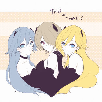 Rule 34 | 3girls, black choker, black gloves, black hair, black leotard, blonde hair, blue eyes, breasts, brown hair, choker, closed mouth, commentary, commentary request, durandal (honkai impact), earrings, elbow gloves, english commentary, english text, fu hua, gloves, hair over one eye, halloween, halloween costume, highres, honkai (series), honkai impact 3rd, jewelry, large breasts, leotard, long hair, looking at viewer, mixed-language commentary, mole, mole under eye, mon momu, multiple girls, purple eyes, rita rossweisse, short hair, small breasts, strapless, strapless leotard, upper body