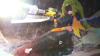 Rule 34 | 1girl, ass, black gloves, black pants, blindfold mask, blonde hair, breasts, camouflage, commentary request, covered eyes, fingerless gloves, gloves, gun, hair ornament, highres, holding, jacket, long hair, mask, navel, pants, ponytail, rain, smile, solo, trigger (zenless zone zero), urakenpyi, weapon, zenless zone zero