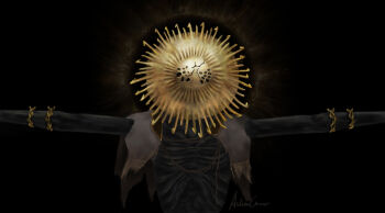 1boy absurdres ashencrow black_background cape capelet colored_skin elden_ring emaciated facing_viewer gold_armband gold_embroidery goldmask's_mask goldmask_(elden_ring) grey_skin halo halo_behind_head highres male_focus mask signature solo t-pose torn_cape torn_clothes upper_body white_capelet