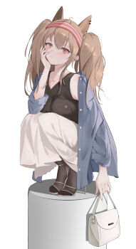 1girl absurdres ahoge alternate_breast_size_(larger) angelina_(arknights) animal_ears arknights bag black_pantyhose black_shirt blue_shirt breasts brown_hair collarbone earrings extra_ears fingernails fox_ears fox_girl fox_tail full_body hairband hand_on_own_face handbag high_heels highres holding holding_bag jewelry large_breasts long_hair long_skirt long_sleeves looking_at_viewer ningmeng_chai no_tail off_shoulder open_clothes open_shirt pantyhose pedestal pink_nails red_eyes red_hairband see-through_pantyhose shirt shoes simple_background skirt solo squatting stiletto_heels striped_clothes striped_hairband tail twintails two-tone_hairband unbuttoned white_background white_bag white_shoes white_skirt