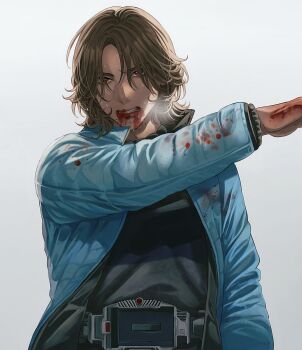 black_shirt blood blood_on_clothes blood_on_face blood_on_hands blue_jacket brown_hair clenched_teeth collared_jacket curly_hair gem henshin henshin_pose highres jacket kamen_rider kamen_rider_ryuki_(series) kidou_shinji medium_hair outstretched_arm parted_bangs red_eyes sasakura34 shaded_face shirt simple_background spoilers sweat sweatdrop teeth v_buckle white_background