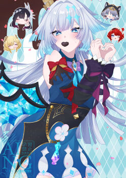 absurdres aglaea_(honkai:_star_rail) animal_ears blue_dress blue_eyes blue_hair blue_wings blush bound bound_wrists bow candy cat_ears cerydra_(honkai:_star_rail) chocolate chocolate_heart cipher_(honkai:_star_rail) commentary_request dress food heart heart-shaped_food highres honkai:_star_rail honkai_(series) hysilens_(honkai:_star_rail) long_hair mouth_hold one_eye_closed ribbon ribbon_bondage smile sweatdrop tribbie_(honkai:_star_rail) twitter_username u7_u7u valentine wings