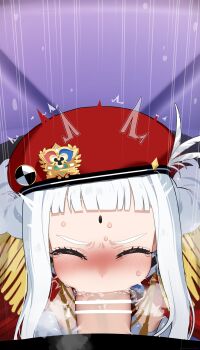 1boy 1girl absurdres bar_censor beret blush censored closed_eyes commentary_request deepthroat echika_y._franburnett epaulettes fellatio gloves hat hetero highres long_hair mizumizuni oral penis pov red_hat solo_focus super_robot_wars super_robot_wars_y sweat tears white_gloves white_hair