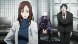 1girl 3boys adjusting_clothes adjusting_gloves animated autopsy_table bags_under_eyes doctor gloves gojou_satoru hole_in_chest hole_on_body ieiri_shoko indoors itadori_yuuji jujutsu_kaisen latex latex_gloves mask morgue mouth_mask multiple_boys nude sound surgical_mask tagme video