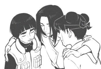 1girl 2boys arm_around_shoulder closed_eyes commentary crying double_bun english_commentary flak_jacket greyscale hair_bun headband highres hyuuga_neji il1023il jacket konohagakure_shinobi_uniform monochrome multiple_boys naruto_(series) naruto_shippuuden no_tattoo pouch rock_lee smile streaming_tears tears tenten_(naruto)