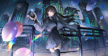 Rule 34 | 1girl, absurdres, artist request, balloon, bang dream!, bang dream! it's mygo!!!!!, black hair, black shirt, black thighhighs, chinese commentary, cityscape, closed mouth, commentary request, grey jacket, grey skirt, hair between eyes, headphones, highres, holding, holding mp3 player, jacket, long sleeves, looking at viewer, mole, mole under eye, mp3 player, night, open clothes, open jacket, purple eyes, railing, second-party source, shiina taki, shirt, skirt, solo, thighhighs