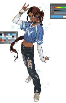 1girl alternate_costume avatar:_the_last_airbender avatar_legends blue_eyes blue_nails blue_shirt braid breasts brown_hair choker color_guide cropped_shirt dark-skinned_female dark_skin denim gymnopedies2 highres jeans jewelry katara long_hair looking_at_viewer medium_breasts midriff navel open_mouth pants shirt smile solo sparkle torn_clothes torn_jeans torn_pants white_background