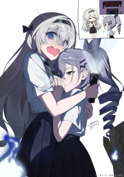 2girls alternate_costume auui black_hairband black_necktie black_ribbon black_shirt blue_eyes breast_envy breasts closed_mouth commentary_request drill_hair drill_ponytail empty_eyes firefly_(honkai:_star_rail) flashlight grabbing_another&#039;s_breast grey_eyes grey_hair groping hair_between_eyes hair_ornament hair_ribbon hairband haunted_house_(attraction) highres holding holding_flashlight honkai:_star_rail honkai_(series) long_hair looking_at_breasts medium_breasts multiple_girls necktie nervous_smile open_mouth ribbon scared school_uniform shirt shirt_tucked_in short_sleeves signature silver_wolf_(honkai:_star_rail) simple_background smile tearing_up thumbs_up white_background white_shirt