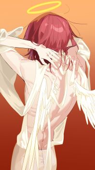 Rule 34 | 1boy, alternate costume, angel, angel devil (chainsaw man), angel wings, back, back cutout, chainsaw man, clothing cutout, commentary request, from behind, halo, highres, hpop 3, male focus, ribs, solo, traditional halo, white wings, wings