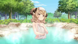 1girl :3 animal_ears blonde_hair blue_sky blush brown_horns closed_mouth cloud covering_privates curved_horns day flat_chest game_screenshot highres holding holding_towel horns loli looking_at_viewer medium_hair nude_cover official_art onsen outdoors partially_submerged sheep_ears sheep_horns sky smile softtie_(tate_no_yuusha_no_nariagari) solo steam tate_no_yuusha_no_nariagari tate_no_yuusha_no_nariagari_rerise tate_no_yuusha_no_nariagari_rise third-party_source towel towel_on_head tree yellow_eyes