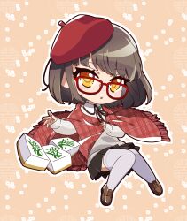 Rule 34 | 1girl, :o, beret, black skirt, brown footwear, brown hair, brown ribbon, chibi, commentary request, flat chest, full body, glasses, grey sweater, hat, highres, long sleeves, looking at viewer, mahjong, mahjong soul, mahjong tile, medium bangs, neck ribbon, ninomiya hana, open mouth, orange background, outline, plaid shawl, pleated skirt, red-framed eyewear, red hat, red shawl, ribbon, sge51, shawl, shoes, short hair, skirt, solo, sweater, thighhighs, white outline, white thighhighs, yellow eyes