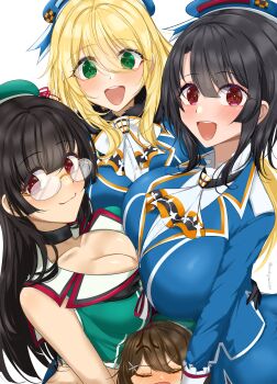 4girls absurdres atago_(kancolle) beret black_gloves black_hair blonde_hair blue_eyes blue_hat blue_jacket blush breasts brown_hair chamumi_(mochiumee) choukai_(kancolle) choukai_kai_ni_(kancolle) cleavage glasses gloves green_eyes hair_ornament hairclip hat headgear highres jacket kantai_collection large_breasts long_hair looking_at_viewer maya_(kancolle) maya_kai_ni_(kancolle) military_uniform multiple_girls open_mouth pleated_skirt red_eyes school_uniform serafuku short_hair skirt smile solo takao_(kancolle) thighhighs third-party_source